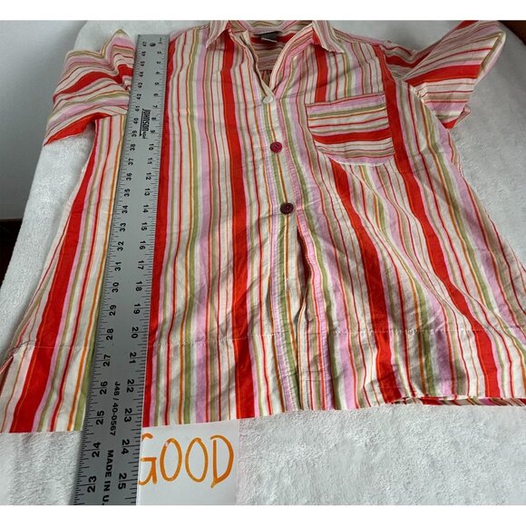 Natori Womens Striped Button-Down Shirt Top Small Red/Pink 3/4 Sleeve Pocket - Picture 7 of 7